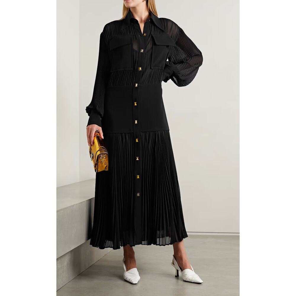 PROENZA SCHOULER Black Paneled‎ Crepe Pleated Chiffon Maxi Dress 0